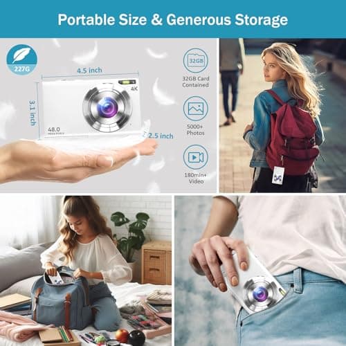 Digital Camera, 4K Vlogging Camera for YouTube Autofocus 48MP UHD Cameras for Photography with Anti-Shake, 16X Digital Zoom Point and Shoot Digital Camera with 32GB Card for Teens Adult Beginner-White 5