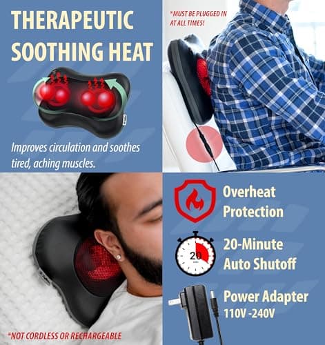 Zyllion Shiatsu Back and Neck Massager with Heat - 3D Electric Kneading Deep Tissue Massage Pillow for Muscle Pain Relief, Black, ZMA-13 4