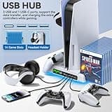 PS5/Slim/Pro Stand and Cooling Station with LED Controller Charging Station for PlayStation 5 Console, Controller Charger, Cooling Stand, PS5/Slim/Pro Accessories Kit with 3 Level Cooler Fan 5