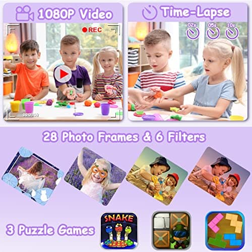 Agoigo Kids Waterproof Camera - Children Underwater HD Video Digital Camcorder, Portable Travel Toy for Toddler - Ideal Christmas Birthday Gifts for Boys Girls Age 3-12 with 32GB Card (Purple) 3
