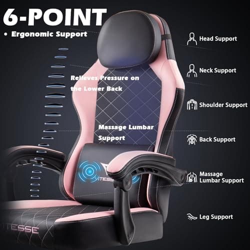 PUKAMI Gaming Chair with Footrest,Ergonomic Gamer Chair for Adults, Racing Style Reclining Computer Game Chair with Headrest and Lumbar Support (Pink) 4