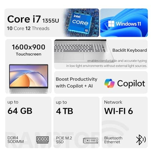 HP 17 Laptop, 17.3" HD+ Touchscreen, Intel Core i7-1255U Processor, 32GB RAM, 2TB SSD, Webcam, HDMI, Wi-Fi, Windows 11 Home, Silver 2