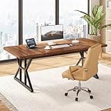 LITTLE TREE 70.8-Inch Office Desk, Wooden Executive Office Desk, Modern Work Desk, Large Farmhouse Writing Table Computer Desk for Home, Brown-Black 2