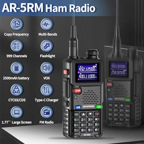 Ham Radio Baofeng Radio 5RM 10W Long Range Handheld AR-5RM Two Way Radio NOAA Weather Receiver Rechargeable Walkie Talkies Longe Range DTMF Copy Frequency 999CH with Type C Charging(1 Pack) 3
