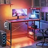 Bestier Gaming Desk with LED Lights, 44 Inch PC Gamer Desk for Small Spaces, Computer Desk with Reversible Storage Shelves & Side Storage Bag (Black 3D Carbon Fiber) 4