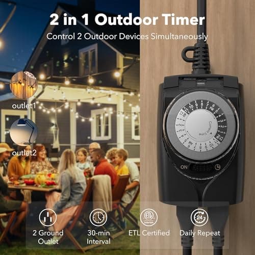 HBN Outdoor Timer Outlet Waterproof, 24 Hour Mechanical Light Timers for Electrical Outlets Outdoor Weatherproof, 2 Grounded Outlets for Christmas Lights, Holiday Decorations, 15A 1/2HP 2
