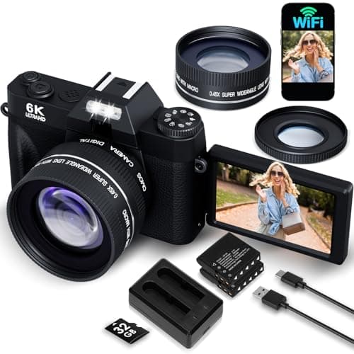 6K 64MP Digital Camera for Photography Vlogging Camera for YouTube, 180° Flip Screen, 16X Zoom Autofocus, Compact Travel Beauty Camera for Teens, 2 Batteries, with 52mm Lens, 32GB SD Card