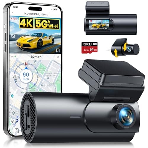 GKU Dash Cam Front and Rear Camera,4K+1080P, 5.8GHz WiFi & GPS Dash Camera for Cars,with 64G SDcard,1.47" Display Dashcam, 24HParking Mode,App Control,Super Night Vision,WDR,Support Max 256GB