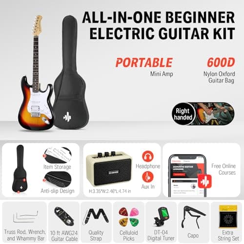 Donner DST-100S 39 Inch Full Size Electric Guitar Kit Solid Body Sunburst, Beginner Starter, with Amplifier, Bag, Capo, Strap, String, Tuner, Cable, Picks 2