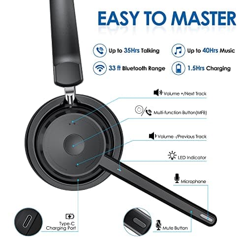 Mopchnic Bluetooth Headset, Wireless Headphone with AI Noise-Canceling Microphone On Ear Wireless Headset with USB Dongle for Computer Office 5