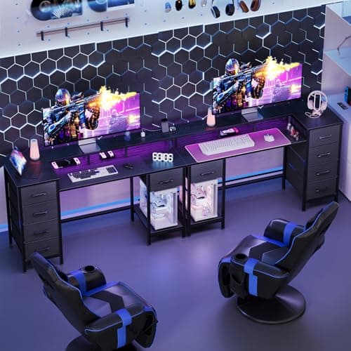 Korfile 47 Inch Computer Desk with 5 Fabric Storage Drawers,Gaming Desk with Power Outlets & LED Lights,Reversible Home Office Desk with Monitor Stand for Working Writing Study, Black 2