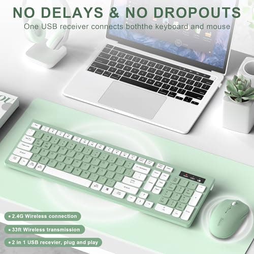 Wireless Keyboard and Mouse Combo, Full-Sized Wireless Keyboard and Adjustable DPI Mouse, 2.4GHz USB Receiver, Silent Keyboard and Mouse for PC, Windows, MAC, Desktop, Laptop (Avocado Green) 2