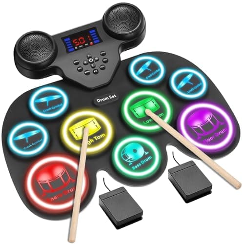 Electronic Drum Set with 7-Color LED Light Show on Strike, 9-Pad Electric Drums Set Bluetooth MIDI Support, Extra-thick Electric Drum Pads for Better Rebound, Perfect Christmas/Birthday Gift for Kids