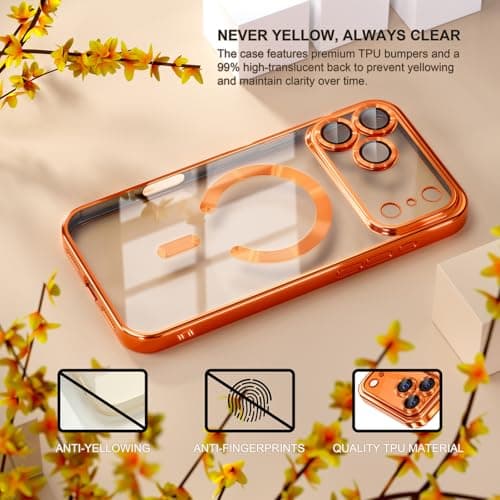 Misea Magnetic for iPhone 17 Pro Max Case Compatible with MagSafe [Never Yellowing] [Military Grade Drop Protection] Full Camera Lens Protector Plating Soft Clear Phone Case for Women, Cosmic Orange 3