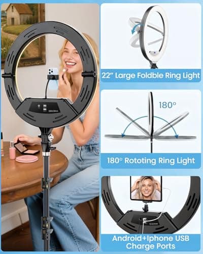 AURIANI 22" Large Ring Light with Stand,Foldable LED Big Ring Light Tripod for iPhone Phone Ipad, 75" Tall Tripod Touch Screen,Wireless Remote for Live Stream,YouTube,TikTok Video Shooting 3