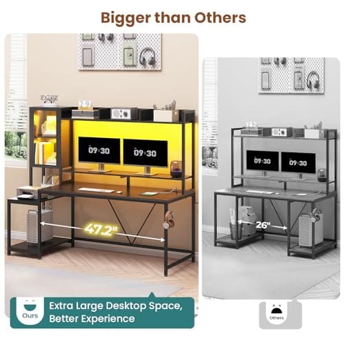 SEDETA Gaming Desk, 60'' Gaming Desk with Hutch and LED Lights, Computer Desk with Storage Shelves, Large PC Gamer Desk with Display Cabinet, Monitor Stand, Power Outlet for Home Office, Black 4