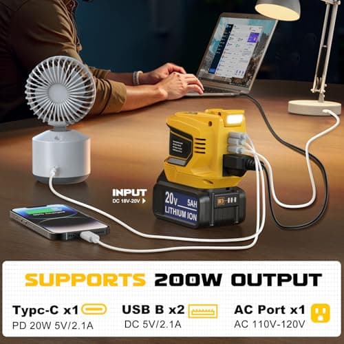 Power Inverter 200W Portable Power Station Generator Compatible with DeWALT, Ecarke Real 200W Supply Charger Adapter with Dual USB,AC Outlet and Type-C with 5Ah Battery & Charger Station Kit 3
