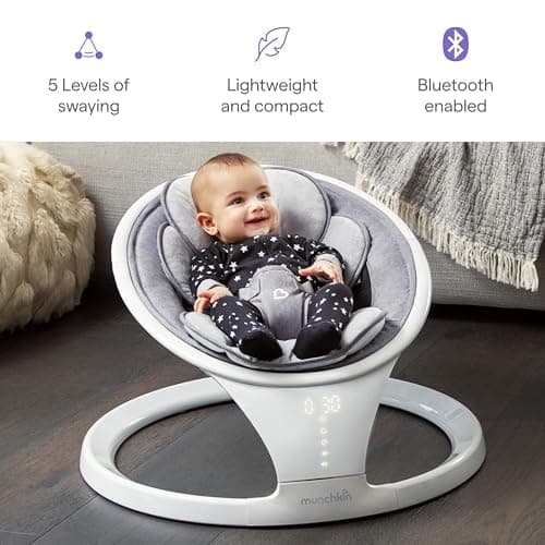 Munchkin Electric Baby Swing, Portable and Lightweight, Bluetooth Enabled Infant Rocker with Natural Sway in 5 Ranges of Motion, Newborn Nursery Essentials, White/Grey 4