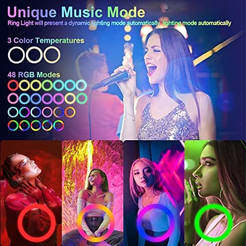 13" Selfie Ring Light with 76" Tripod Stand & 3 Phone Holder, LED Camera Ringlight with 48 RGB Colors Modes & Musical Rhythm Mode and 12 Brightness Dimmable for Makeup/Photography/Videos/Vlog/TikTok 3