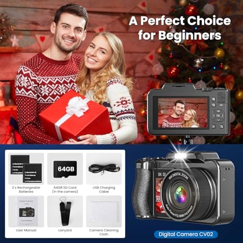 Digital Camera, 5K 80MP 3.5"+2" Dual Screen Cameras for Photography Autofocus, 18X Digital Zoom Vlogging Camera for YouTube, Travel, Beginners, Include 64GB Card and 2 Batteries, Black 5