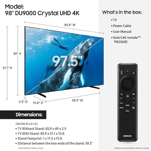 Samsung 98-Inch Class 4K Crystal UHD DU9000 Series HDR Smart TV, Object Tracking Sound Lite, Motion Xcelerator 120Hz, Supersize Picture Enhancer, Mega Contrast, Alexa Built-In (UN98DU9000, 2024 Model) 2
