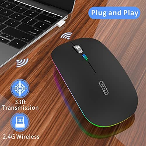 Uiosmuph LED Wireless Mouse, G12 Slim Rechargeable Silent Mouse, 2.4G Portable USB Optical Computer Mice with USB Receiver and Type C Adapter (Matte Black) 2