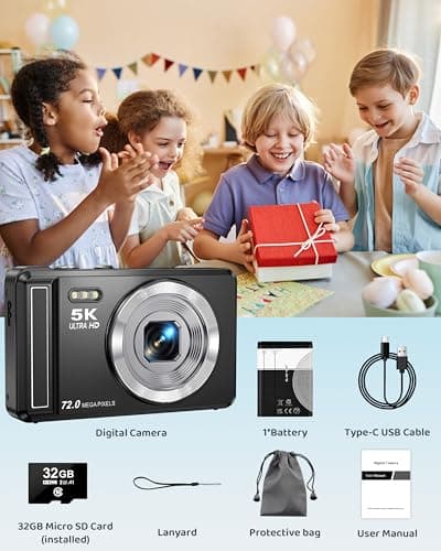 5K Digital Camera - 72MP UHD Digital Cameras for Photography - Autofocus Point and Shoot Small Camera with Flash for Kids - 2.8 Inch Screen Compact Portable Vlogging Camara with 16X Zoom, 32GB SD Card 5