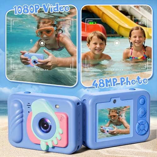 Underwater Camera, 48MP 5FT Waterproof Digital Camera with 32GB Card, Autofocus Floatable Waterproof Camera with HD Screen, 8X Digital Zoom, for Kids Water Park, Swimming (Foot Style, Blue) 3