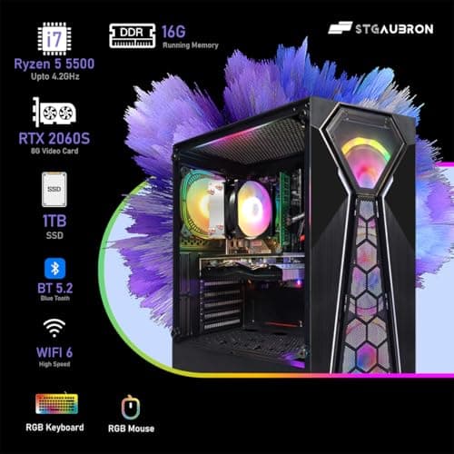 STGAubron Gaming PC Computer Desktop, AMD Ryzen 5 5500 up to 4.2G, GeForce RTX 2060 Super 8G, 16G DDR4, 1T SSD, WiFi 6, BT 5.2, RGB Fan x4, Windows 11 Home 3