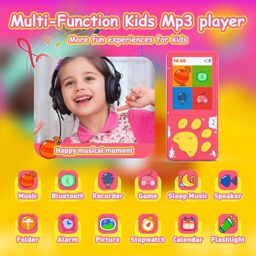 MP3 Player for Kids,32GB Pink Kids MP3 Player with Bluetooth,Speaker, 2.4 inch Color Screen,Soothing Sound,Flashlight,Games,Voice Recorder,Music Player with Cartoon Bear Paw Button Expandable to 128GB 2