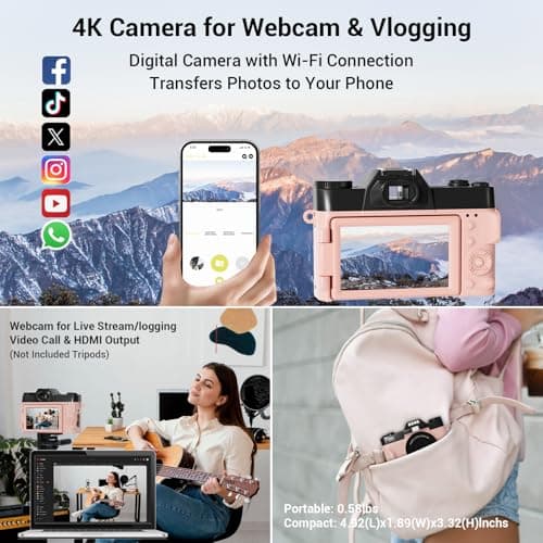 Digital Camera, FHD 4K 75MP WiFi Vlogging Video Camera for YouTube with 3'' 180°Flip Screen, 64GB SD Card, 16x Digital Zoom, 2 Batteries, Point and Shoot Digital Camera for Beginner (Pink) 3