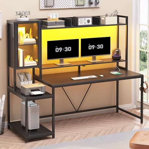 SEDETA Gaming Desk, 60'' Gaming Desk with Hutch and LED Lights, Computer Desk with Storage Shelves, Large PC Gamer Desk with Display Cabinet, Monitor Stand, Power Outlet for Home Office, Black 3