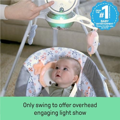 Ingenuity InLighten 5-Speed Baby Swing - Swivel Infant Seat, 5 Point Safety Harness, Nature Sounds, Lights - Nally Owl 3