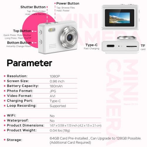 Dienspeak Mini Camera 1080P HD Video Recorder - Keychain Digital Camcorder with 64GB Card, 0.96" HD Display, Long Battery Life, Ultra-Portable Tiny Camera for Travel/Vlog/Night Shots, White 5