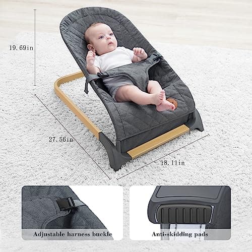 ANGELBLISS Baby Bouncer, Portable Bouncer Seat for Babies, Infants Bouncy Seat with Wood Grain Base, Natural Vibrations (Grey) 3