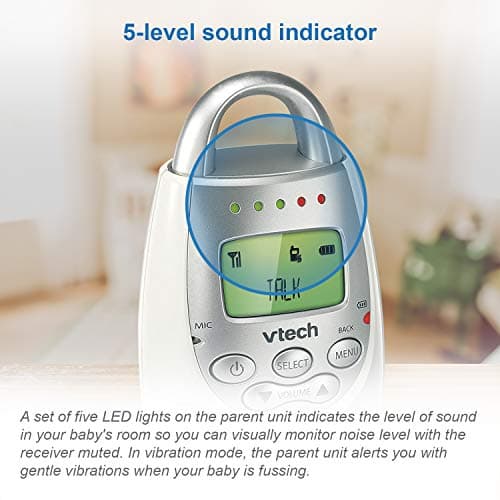 VTech Communications DM221 Audio Baby Monitor with up to 1,000 ft of Range, Vibrating Sound-Alert, Talk Back Intercom & Night Light Loop, White/Silver 2