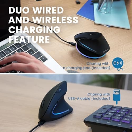 Perixx PERIMICE-713RX Wireless Rechargeable Vertical Mouse - Duo Wired and Wireless Charging Feature - Charging Pad Included - 6 Buttons Design - Black - Right-Handed Design 3