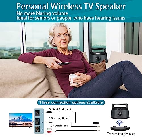 SIMOLIO Wireless Portable TV Speakers with TV Audio Listening Assistance, Voice Clear TV-Speakers for Hard of Hearing, Seniors and Elderly, Long Range, Extra Headset & 2 Adapters -SM-621D 2