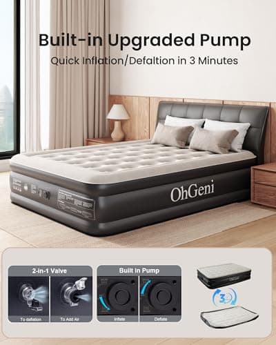 OhGeni Queen Air Mattress with Built in Pump, Inflatable Mattress Blow Up Bed 18 Raised Comfort,Upgraded Surface Portable Mattress, Air Bed for Camping, Home and Guest, Colchone Inflable, 650 lbs Max 3