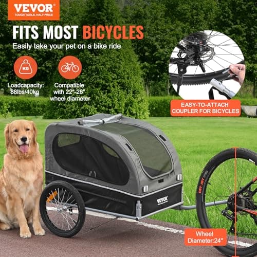 VEVOR Dog Bike Trailer, Supports up to 88 lbs, Pet Cart Bicycle Carrier, Easy Folding Frame with Quick Release Wheels, Universal Bicycle Coupler, Reflectors, Flag, Collapsible to Store, Black/Gray 2