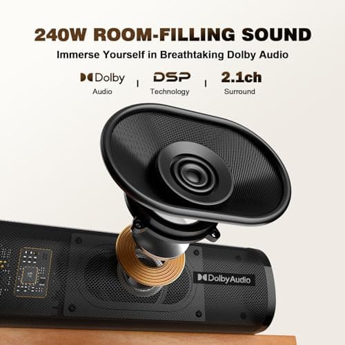 Nylavee Sound Bar - 2.1ch Dolby Audio Soundbar with Subwoofer, 240W High Volume, Wall Mountable 30-inch Bluetooth Sound Bar with HDMI ARC, Optical, and AUX Connection for TV, Projector, Computer 2