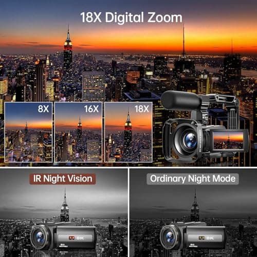 8K Video Camera Camcorder 88MP UHD WiFi Vlogging Cameras for YouTube 18X Digital Zoom IR Night Vision 3.0''Touch Screen Camera with 32GB Card, Microphone, Stabilizer, Lens Hood, Remote, Batteries 3