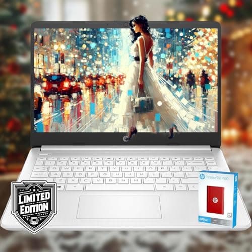 HP 14 Laptop • Back to School Limited Edition with Microsoft 365 • 4-Core Intel CPU • 16GB RAM • 1600GB Storage (64GB OnBoard • withHP P500 512GB External SSD + 1TB OneDrive) • Snow White • Win 11