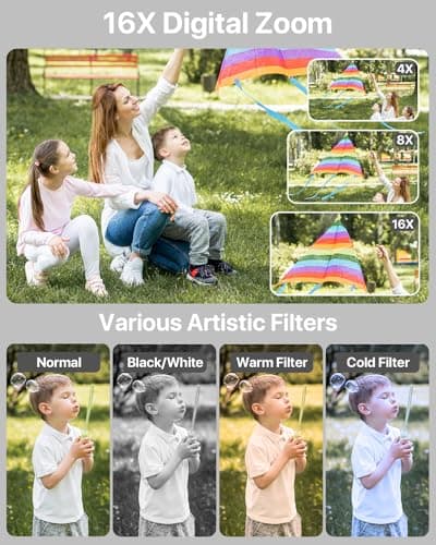 Digital Camera, Kids Camera with 32GB Card, FHD 1080P 44MP Vlogging Camera, 16X Zoom Point and Shoot Digital Camera Compact Portable Rechargeable Cameras for Teens Boys Girls Students Seniors-Black 4