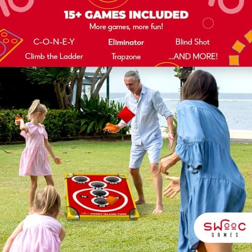 SWOOC Games - Coney Island Toss™ - Arcade Style Cornhole Board Set w/Carrying Case & 15+ Games - Corn Hole Games for Adults - Kids Bean Bag Toss Game - Kids Cornhole Set w/Bags - Outdoor Yard Games 3