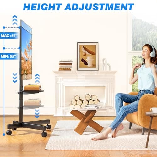 Rfiver Mobile TV Stand for 23-60 Inch LCD LED Flat/Curved Panel Screen TVs up to 88 lbs, Rolling TV Stand with Adjustable Shelf & Tilt, Portable Floor Stand on Wheels for Bedroom, Living Room, Office 3