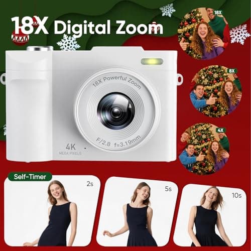 4K Digital Camera for Photography- 50MP Autofocus Vlogging Camera with 2.8" 180°Flip Screen, 18X Digital Zoom- Compact Point and Shoot Camera with 32GB TF for YouTube, Travel, Beginners, White 3