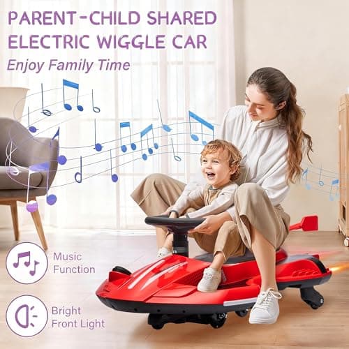 12V Electric Wiggle Car with Pedal for Kids, Rechargeable 2 in 1 Swing Car, Drifting Ride On Toys with Backrest, Anti-Rollover, Spray, Flashing Light, Music, for Ages 3 and Up, 150 Lbs (Red-Black) 2