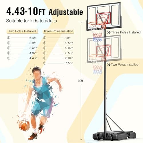 TONBUX Adjustable Basketball Hoop Outdoor 10FT, Basketball Portable Hoops & Goals, 44 Inch Backboard, for Kids, Youth, and Adults in The Backyard, Driveway 2