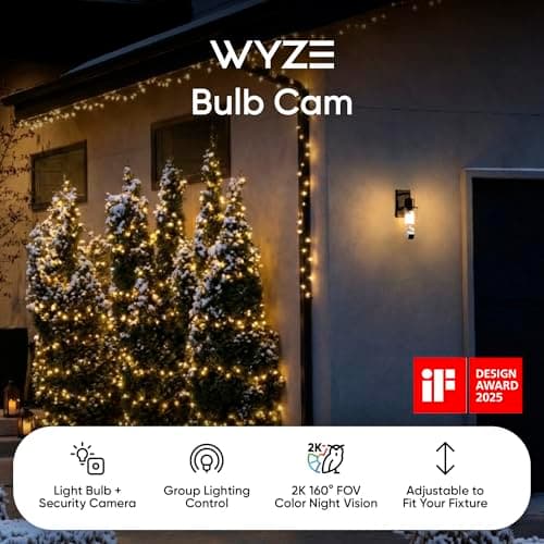 WYZE Bulb Cam Security Camera, 2K HD Outdoor Light Bulb Camera, Color Night Vision, Dimmable LED Bulb, Motion Detection, Siren Alarm, Works w/Alexa/Google Assistant. Free Expert Support 3